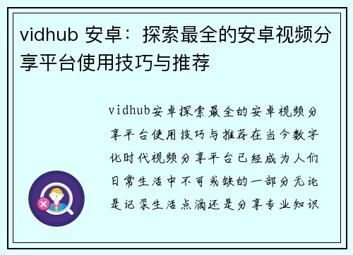 vidhub 安卓：探索最全的安卓视频分享平台使用技巧与推荐